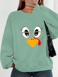 Regular Fit Crew Neck Sweatshirt,Women's Thanksgiving Print Sweatshirt - Features a playful design of a chick wearing glasses, perfect for fall and winter. A great gift for chicken lovers. Thanksgiving apparel.
