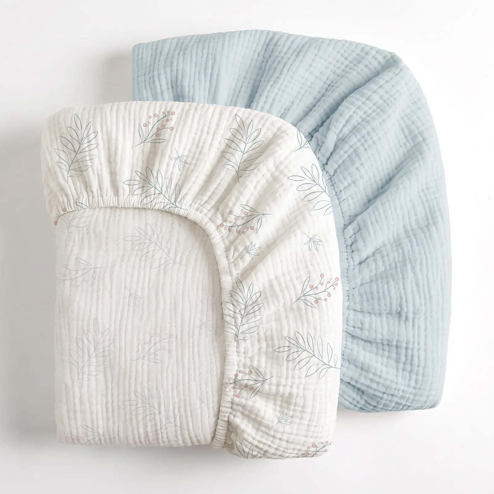 2-Pack 100% Muslin Cotton Fitted Crib Sheets - Gentle Soft, Breathable Bedding for Newborns & Toddlers, Plant Pattern, Fits 52"x28" Standard Crib & Toddler Mattress, Light Blue
