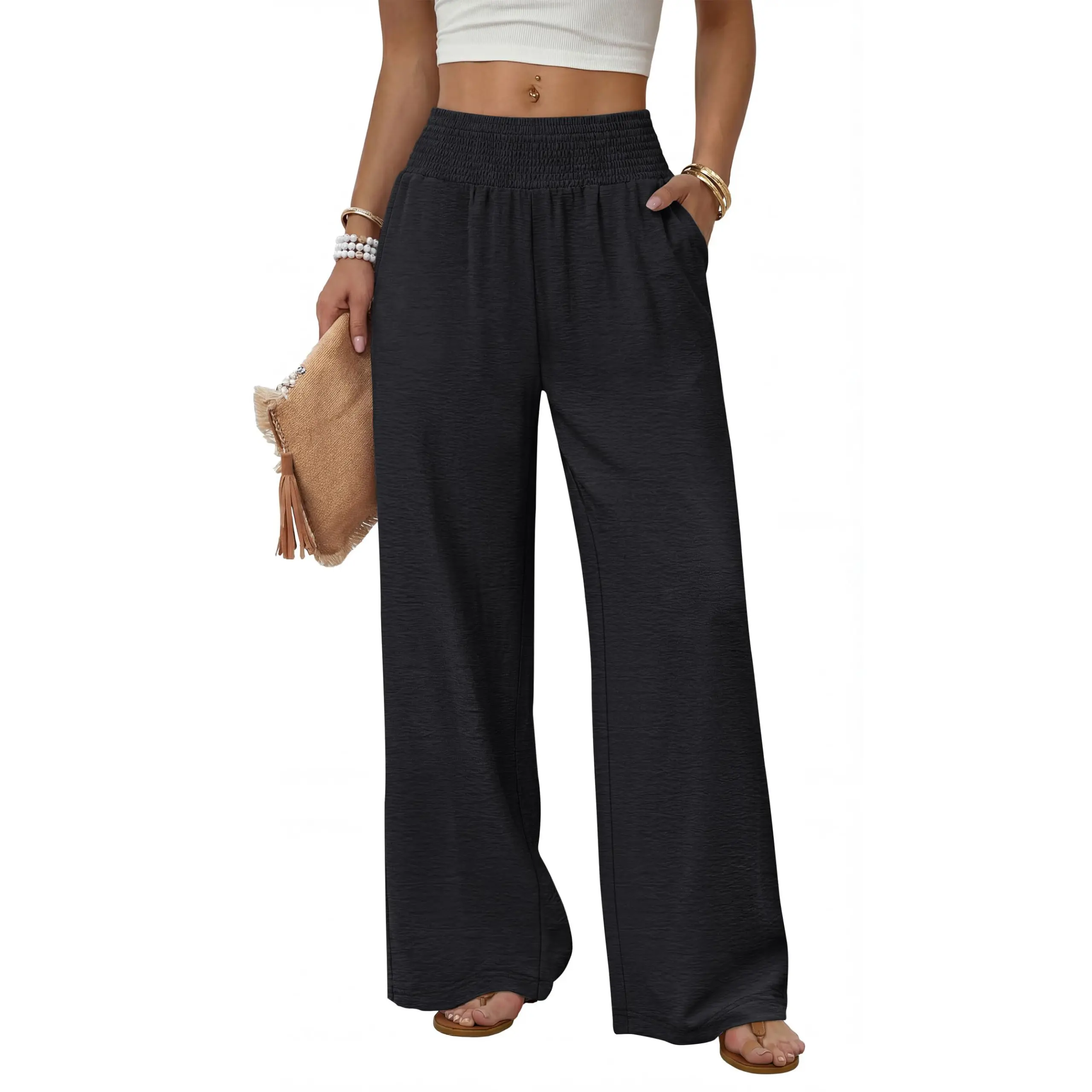 Women's High-Waist Wide Leg Full Length Pants - Casual Baggy Oversized Everyday Clothes with Functional Pockets, Comfortable Women's Clothing for Summer Beach Travel, Outdoor Sports & Outdoor Joggers