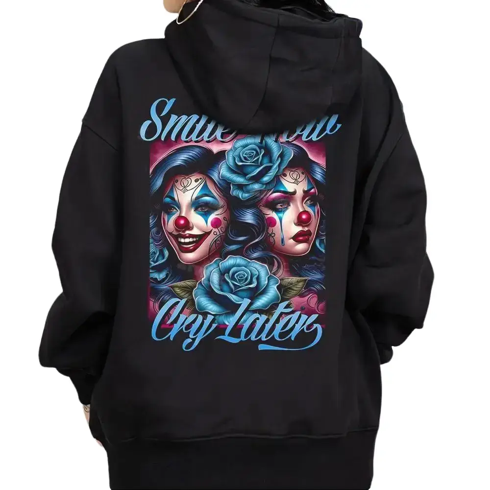 Women's Oversized Long Sleeve Button Hoodie - Smile Now Cry Later Halloween Chicano Lowrider Chicana Art Design, Comfortable Cotton Fabric, Loose Fit Unisex Casual Streetwear