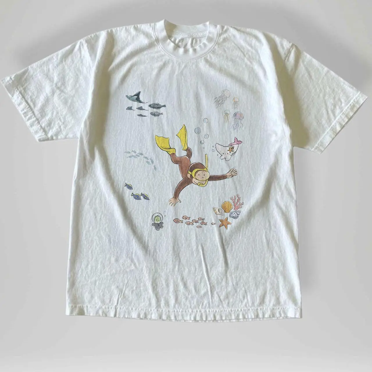 Men's Breathable Pure Cotton Short-Sleeve Vintage Curious George Underwater Scuba Diver All Over Print T-Shirt - Ocean Sea Life Themed, Round Neck, Fitted, Minimalist Everyday Top, All Seasons Menswear