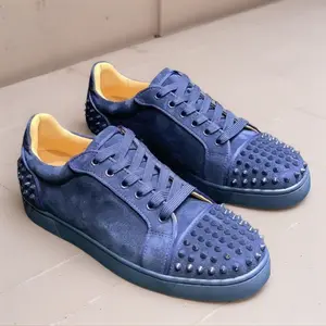 Red Soled Men's Shoes with Rivets Fashionable Low Cut Trendy Light Blue Suede Casual Board Shoes for Boy Closed Toe Athletic