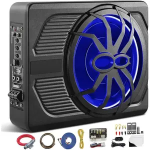 2025 Upgraded 10" 1200W Slim Under Seat Powered Car Subwoofer with Colorful LED Ambient Lights10" 800W Powered Car Subwoofer, 2025 Slim Under Seat Car Subwoofer Powered, High/Low Level Input, Truck  Sub Built in Amplifier with Blue LED Ambient Lightgift