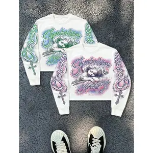 Men’s vintage angel graphic pullover sweater set, casual fitted round neck long sleeve, spring and fall fashion for outdoor activities