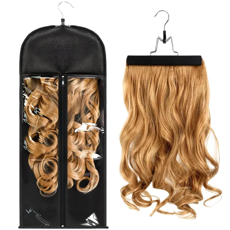 1 Pack Wig Storage Bag with Hanger Hair Extensions Wig Storage Extra Long Hair Extension Holder with Transparent Zip Up Closure (Size Large)