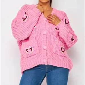 pink Floral Heart Chunky Knit Cardigan Sweater Button Fabric Button Fabric Knitwear Womenswear