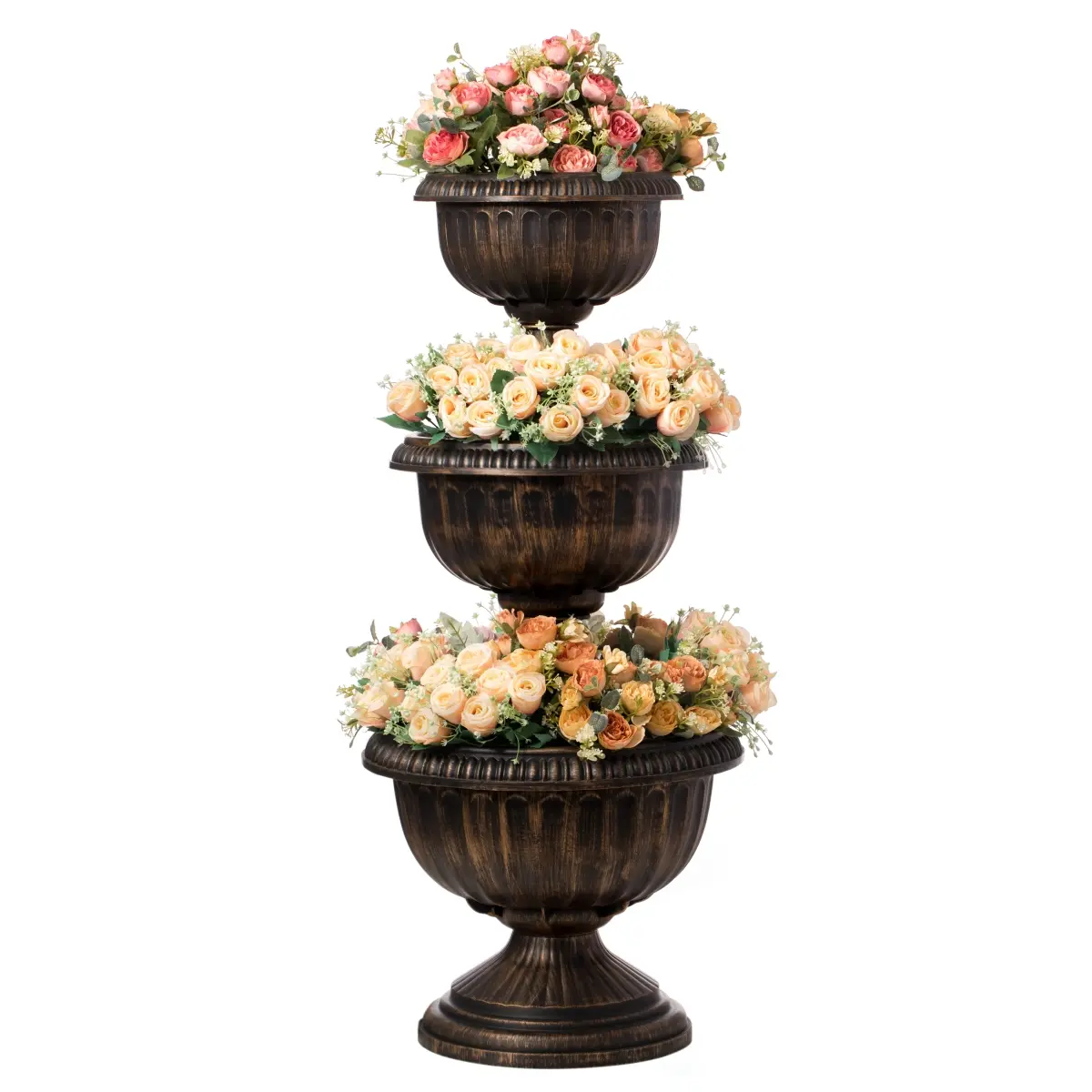 Bronze Finish 3-Tier Stacked Flower Urn Planter - Freestanding Raised Planter Bowls for Flower Display, Large Outdoor Decor, 16.75in W x 16.75in D x 38.75in H, 5lb Garden Accent