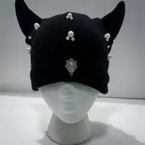 Pearl Devil Horn Skull Cap Beanie - Black Knitted Hat with Pearl Accents and Intricate Design