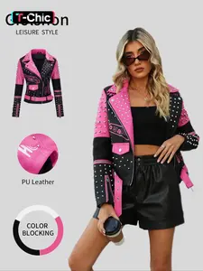 Women's Casual Fitted Jacket with Belt, All-Season PU Fabric, Zipper Closure, Pockets, Vintage Aesthetic Style Motorcycle Coat