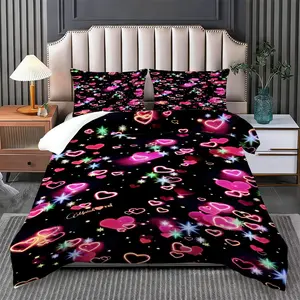 2/3 Pcs Black Base Starlight Colorful Hearts Bedding Comforter Set, Comforter + 1/2 Pillowcases, All-Season Use, Dreamy Starlight Heart Pattern, Fits Bedroom/Sweet-Cool Dream Space/Dorm, Ideal for Home Lovers/Students/Holiday Gifts