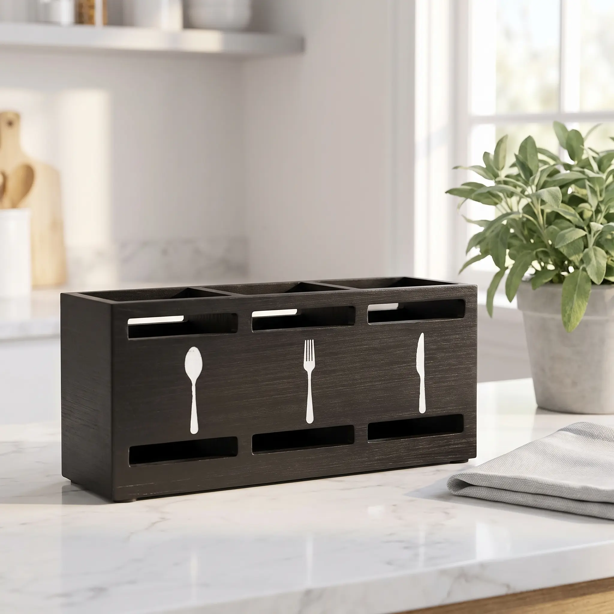Vintage Minimalist Wooden Silverware Caddy Organiser - 3-Compartment Kitchen Container with Steady Nonslip Base Pads for Tidy Kitchen Countertop Cutlery Organization (All Seasons Use)