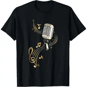 Microphone Shirt with Music Notes and Clef. Musician. . T-Shirt