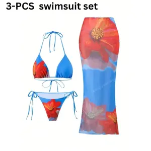 Women’s 3-Piece Floral Bikini Set – Halter Triangle Bikini Top, Tie-Side Bottom & Sheer Mesh Maxi Skirt Cover-Up for Beach, Pool & Vacation