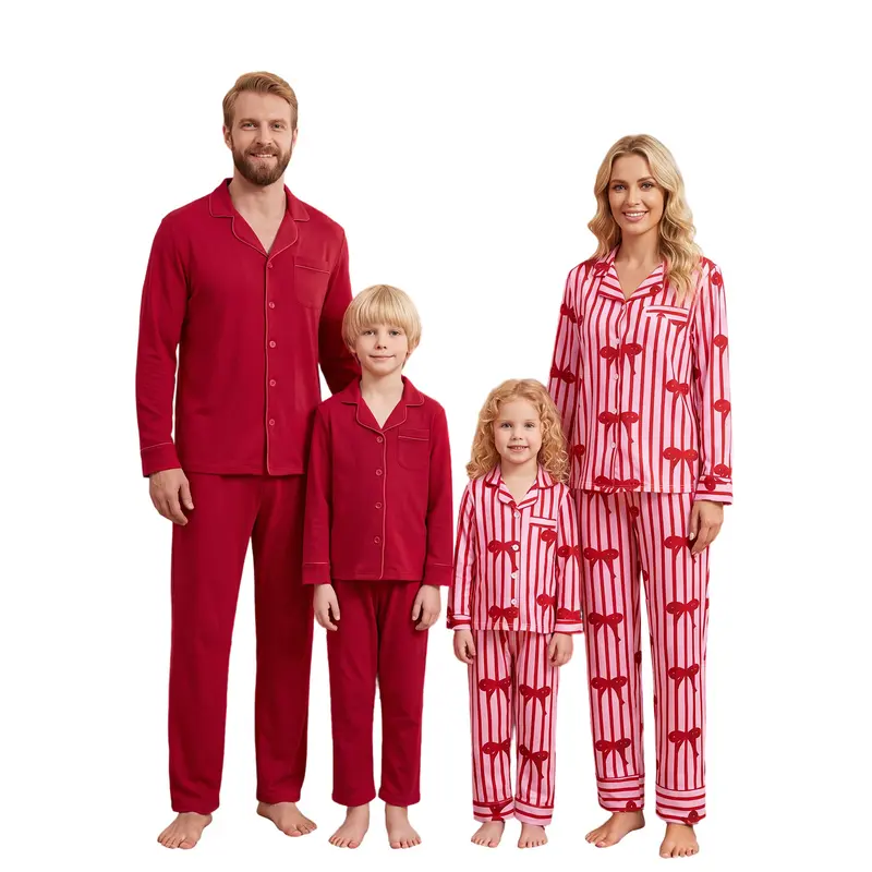 Christmas Family Matching Pajama Set Men Women Kids Lapel Neck Button Down Long Sleeve Shirt Top + Long Pants 2 Piece Loungewear Bow Striped/Solid Color Sleepwear Xmas Holiday Outfit