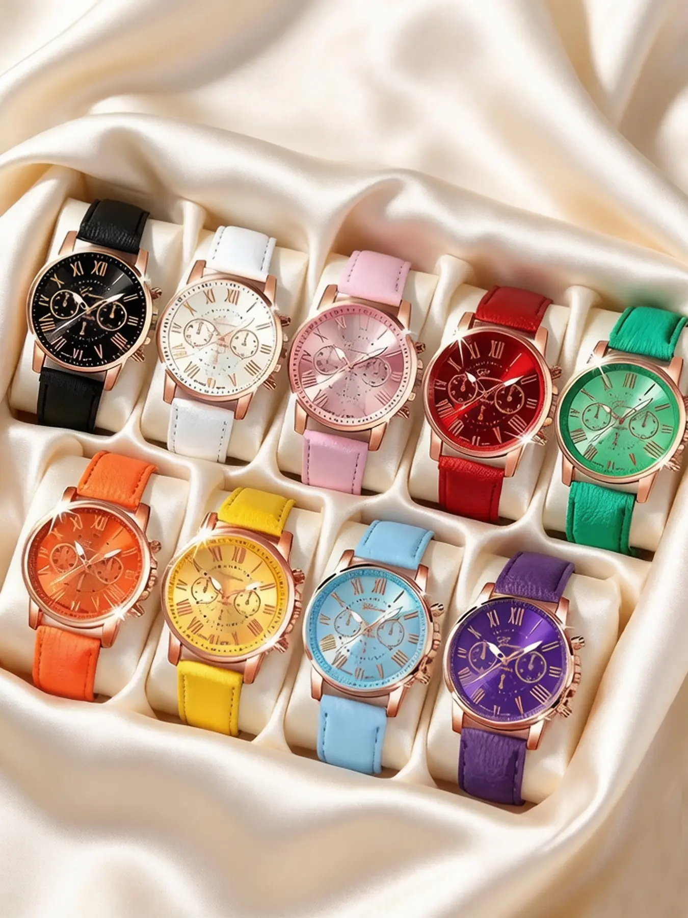 Stylish 9-piece watch set, unisex quartz movement, zinc alloy round case, synthetic leather bracelet, none, mixed colors, Casual Trendy Wristwatch, Analog Quartz Watch, Quartz Analog Watches, Fashionable Watches, Analog Wristwatches