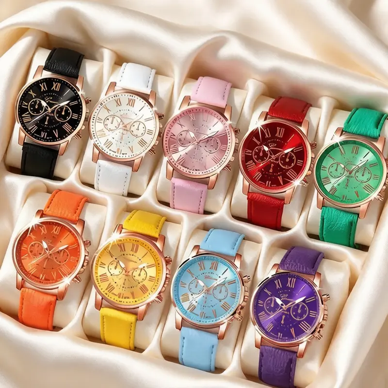9-Piece Stylish Watch Set, Analog Quartz Watch with Zinc Alloy Round Case and Synthetic Leather Bracelet, Casual Trendy Wristwatch, Fashionable Watches, Analog Wristwatches, Multiple Colors Available