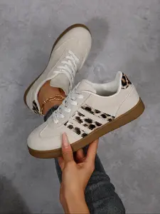Leopard Patchwork Women's Casual Sneakers, Vintage with Animal Print, Lace-Up Design, Comfortable and Stylish, All Seasons