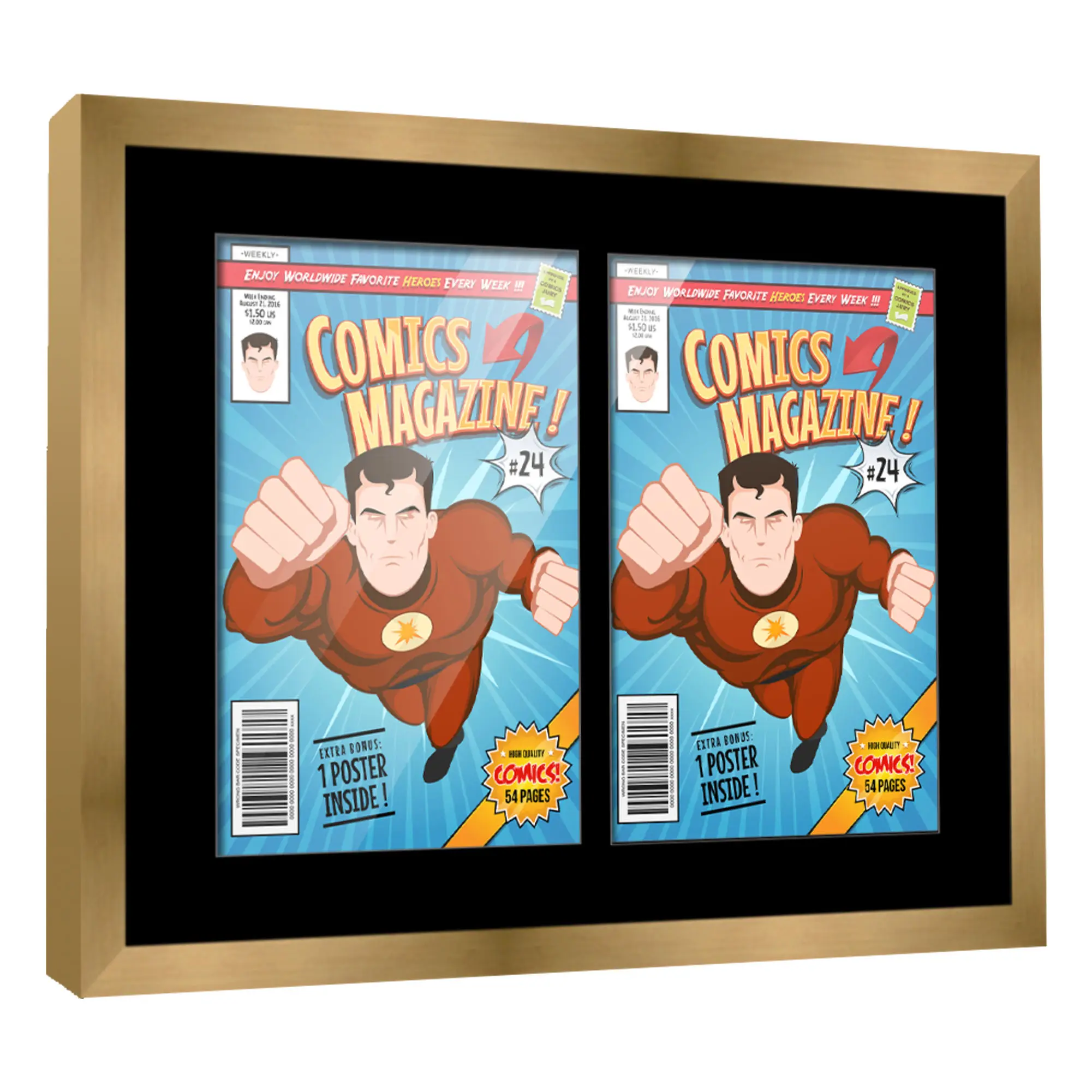 Comic Book Frame with Mat for 2 Current Era Comics Published After 1985 - Bronze Wood Comic Frame With Black Mat for 6.875x10.5 Comics - 14x18 Frame Size