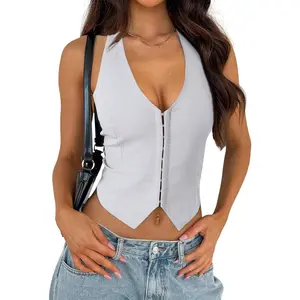 Summer street hot girl buttoned halter backless vest sexy temperament backless pure desire top V-neck,The halter neck tie design highlights the delicate collarbone lines