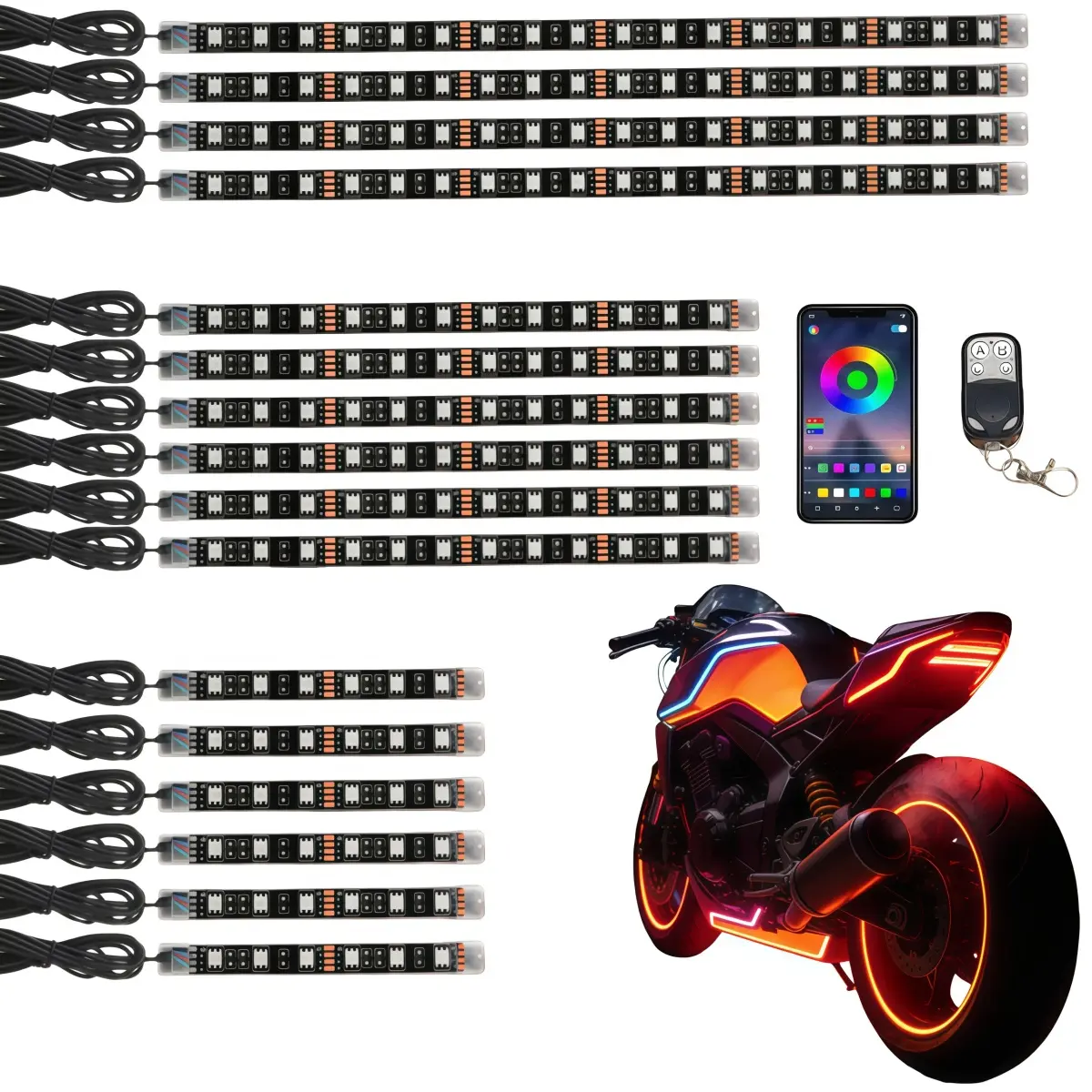 16PCS 12V DC RGB LED Motorcycle Underglow Kit - Kawasaki & Car Accessories, APP/Key Remote Controlled, Music Sync, Waterproof Neon Strips for Exterior Chassis (Rainy Days Compatible)