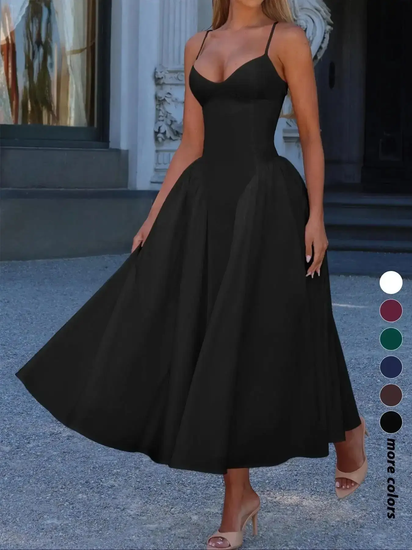 Vibrant Pure Color Elegant Chic Spaghetti Strap Sleeveless Long Lady Summer Dress, Waist Cinched Design, Fitted Style, Plain Pattern, Perfect for Various Occasions, Formal, Womenswear, elegant silhouette, timeless appeal