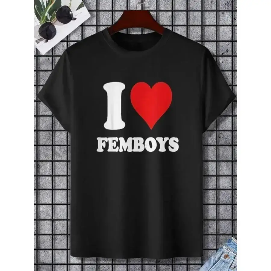 Menswear Cotton Classic Short-Sleeve Round Neck Unisex "I Love Femboys" Graphic T-Shirt, Casual Tops