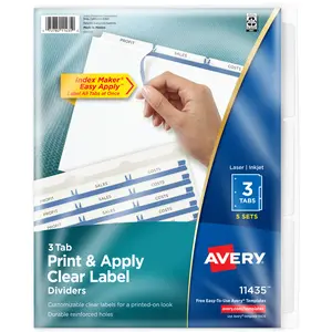 Avery 3-Tab Dividers for 3 Ring Binder, Easy Print & Apply Clear Label Strip, Index Maker Customizable White Tabs, 5 Sets (11435)