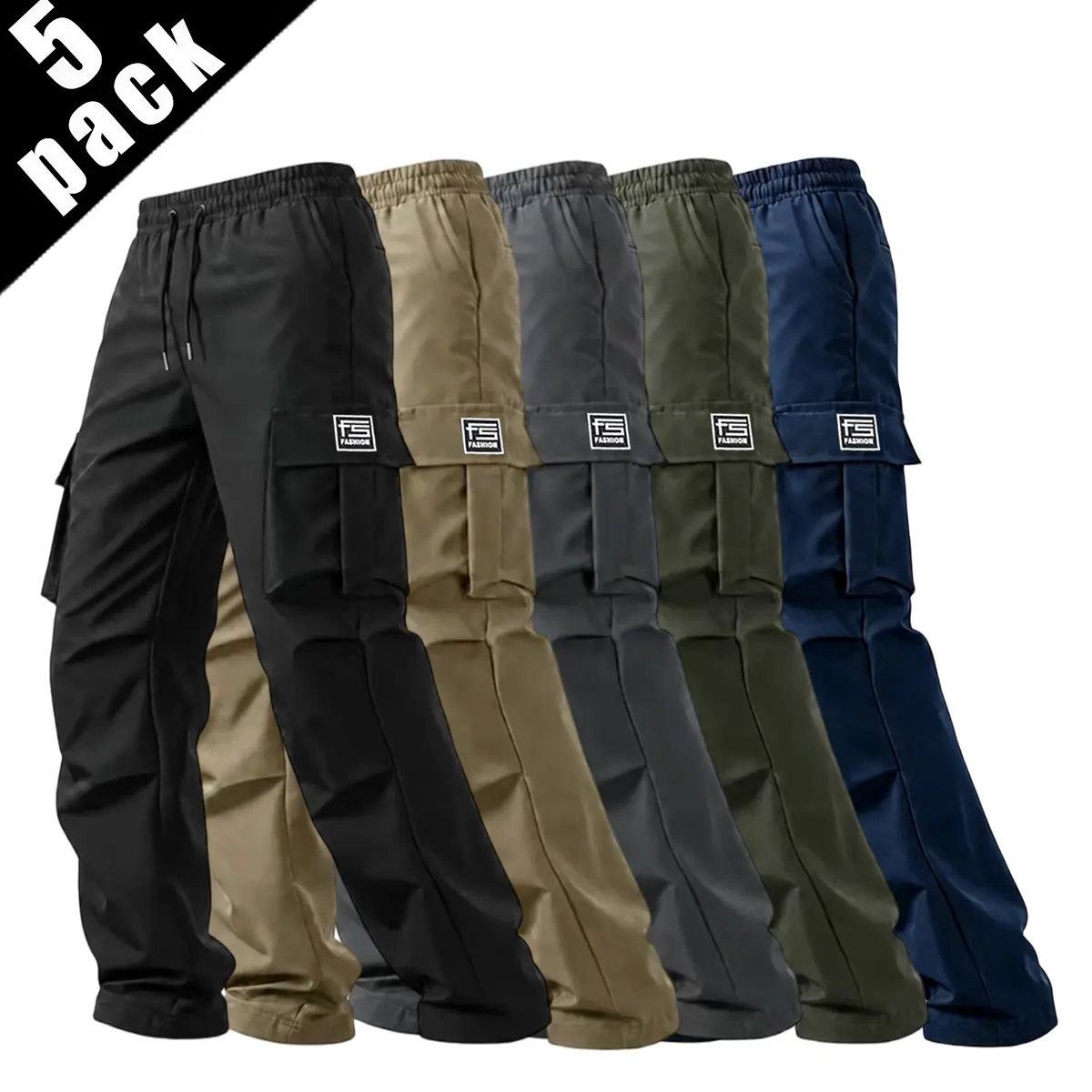 5-Pack Men’s Cargo Casual Athletic Pants – 100% polyester fabric, regular straight fit, multifunctional pocket design, machine washable, comfortable all year round, ideal for workouts and everyday wear