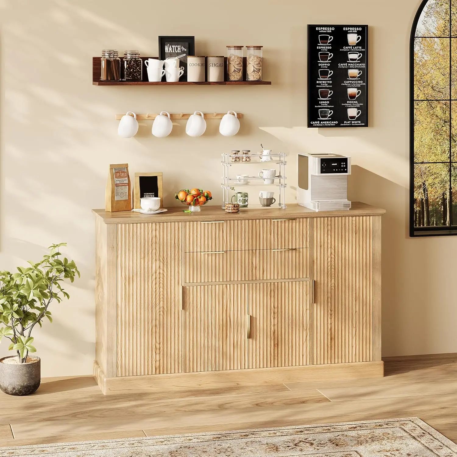 Garvee Fluted Buffet Cabinet for Dining Room, 58" Sideboard with 4 Doors & 2 Drawers, Adjustable Shelf Storage Cabinet, Kitchen Console Table with Gold Handles, Coffee Bar & Living Room