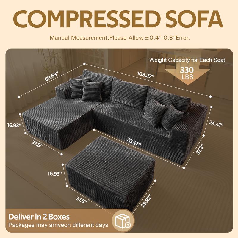 CAODOC 108" Modular Sectional Sofa Cloud Couch with Ottoman Corduroy Memory Foam L-Shaped Couch for Living Room Modern Deep Seat Boneless Fluffy Plush Chaise Lounge Free Combination
