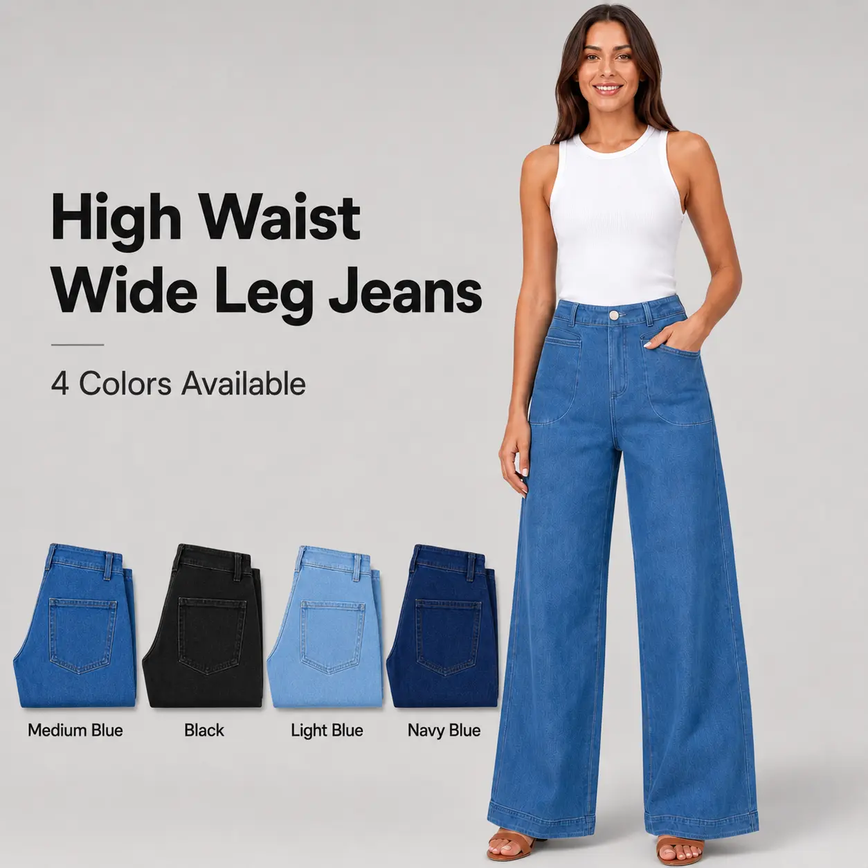 DLOODA Women's High-Waist Wide-Leg Jeans - Super Stretchy Denim Trousers with Pockets, Loose Ankle-Length All-Seasons Casual Basic Bottoms, Baggy, Simple Fits, Minimalist, Clothes, Stretchy Jeans