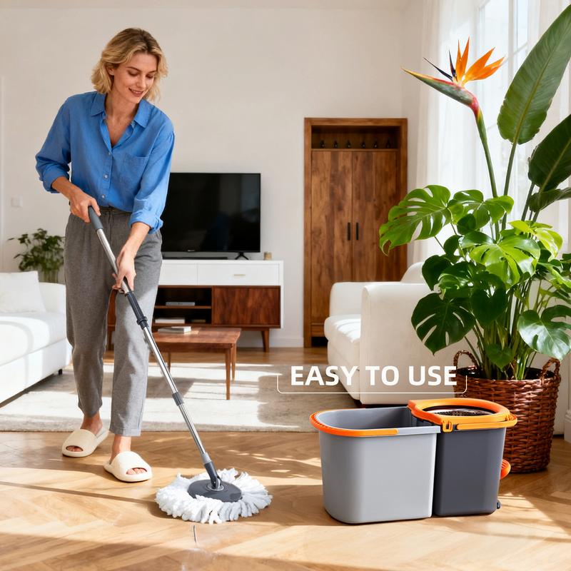 Spin Mop Bucket with Wringer Set, Operable 360 ° Rotating Mop Bucket Set, with 4 Microfiber Replacement Head ,Stainless Steel Mop Bucket  Adjustable Handle Household Cleaning Tools Black Plastic