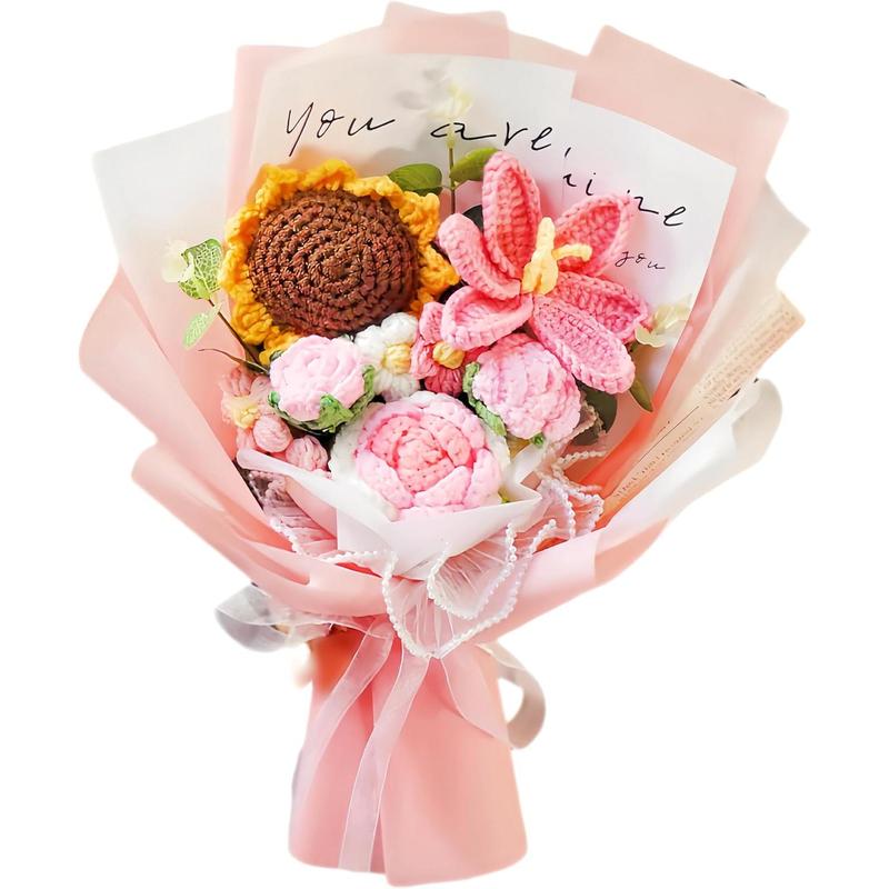 Crochet , Crochet Flower Bouquet, Crochet Sunflower,  Roses Handmade Knitted , Carnation, Preserved Flower for Mother's Day, Valentine's Day, Birthday, Graduation (Pink)