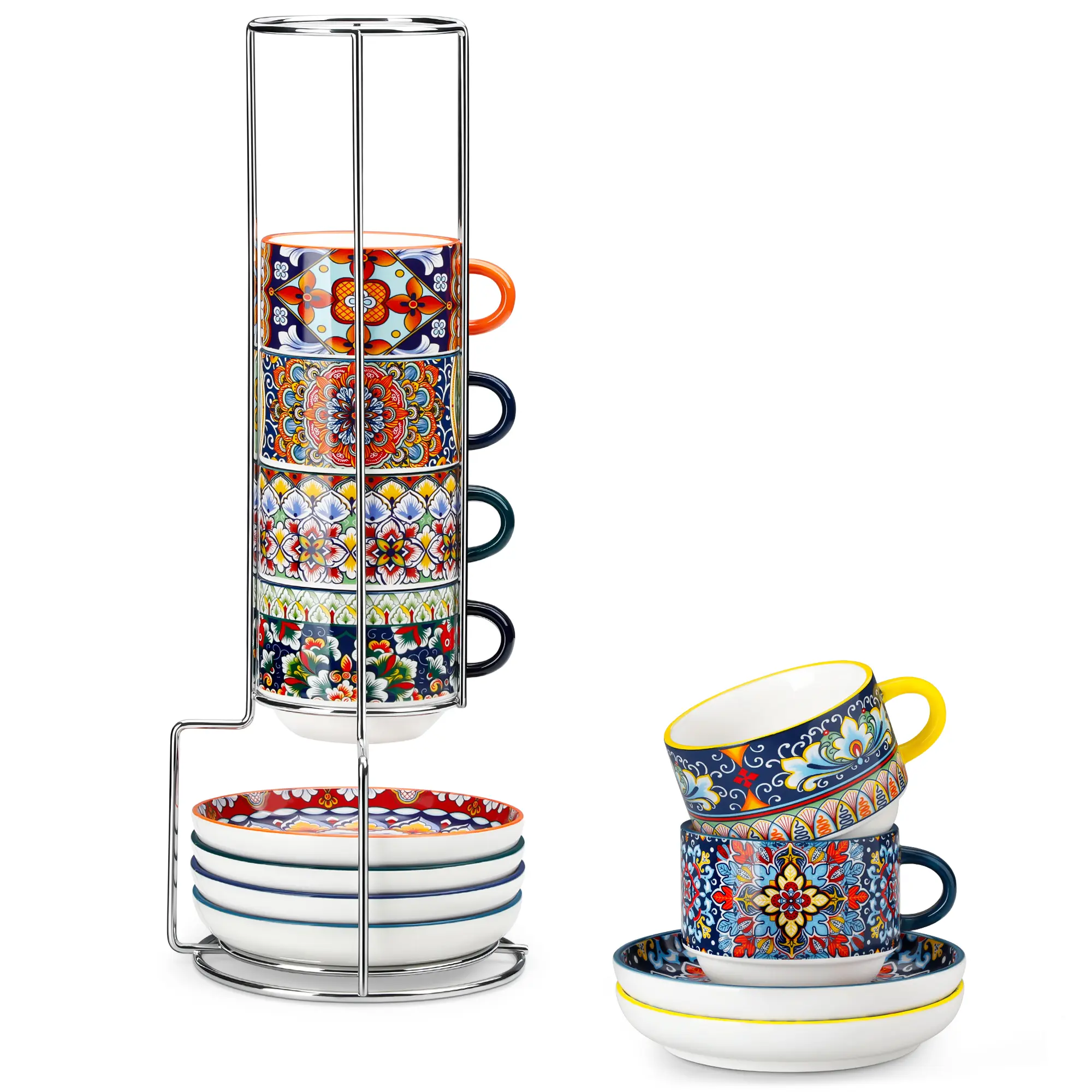vancasso Stackable Espresso Cups Set of 6 with Metal Stand, Boho Style Ceramic Cappuccino, Espresso & Tea Cups, Space-Saving Design, Microwave & Dishwasher Safe, Ideal for Coffee & Tea Bar, Home Use