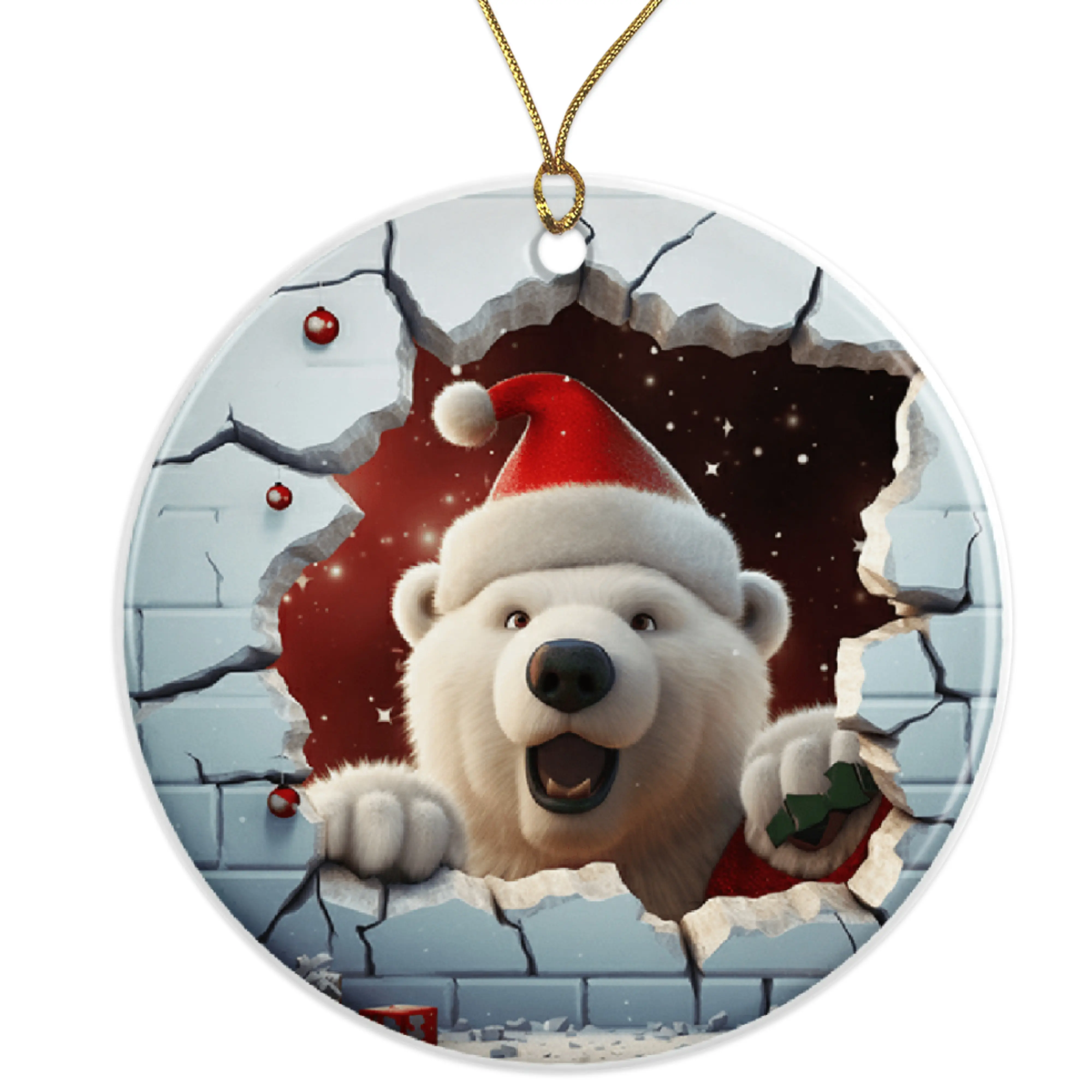 Christmas Polar Bear Ornament, Cute Bear with Santa Hat, Funny Holiday Decor, Festive Xmas Gift Ceramic Ornament - 3 Inch Christmas Tree Round Ornament - Xmas Holiday Decor - String Included - ORNW0203