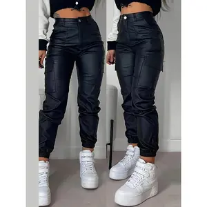 Flap Pockets Jogger Cargo Pants, Stylish Faux Leather High Waist Pants For Spring & Summer, Women's Clothing