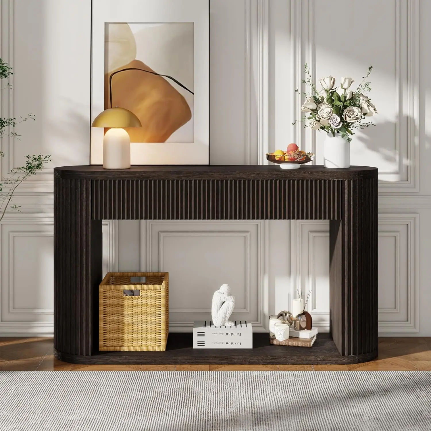 Espresso Oval Fluted Accent Console Table - 2 Drawers with Smooth Metal Slides, Bottom Shelf, 53"l x 14"w x 30"h, 69.67 lbs, 220 lbs Capacity for Living Room, Entryway