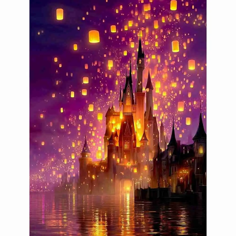 Magical Glowing Fairy Tale Castle With Floating Sky Lanterns Purple Starry Night Water Reflection 5D Full Drill Round & Square Diamond Painting Diy Kits, Handicraft Dream Nightscape DIY Cross Stitch Home Wall Art Decor Diy Craft Supplies