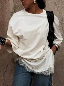 2026 Women's Lace Asymmetric T-Shirt Elegant Beige Y2K Oversized T-Shirt Ladies Fashion Lace Patchwork O-Neck Short Sleeve Tops Korean Style T-Shirts