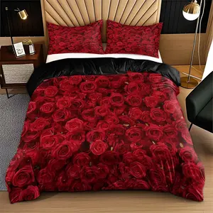 Valentine's Day Rose Print Bedding Set, Soft Breathable Fabric, All-Season Use, Includes 1 Fitted Sheet + 2 Pillowcases, Breathable Duvet Set