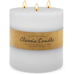 Large 3-Wick White Pillar Candle - 6x6 Inch Dripless &  Unscented  Candle, 120 Hour Long  Hand-Poured Thick Candle with  Wicks