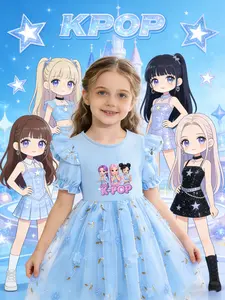 Sweet Style Girls' Dress, Flutter Sleeve Bubble Sleeve, K-Pop Print, Summer Mesh Princess Dress, Casual Fitted Butterfly Pattern