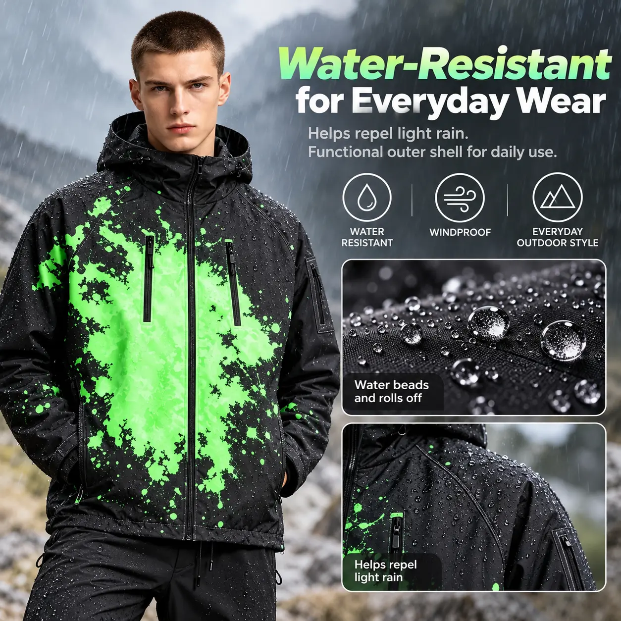 Men's Heat Reactive Color Changing Jacket, Water-Resistant Hooded Windbreaker with Zipper Pockets, Casual Streetwear Outdoor Coat