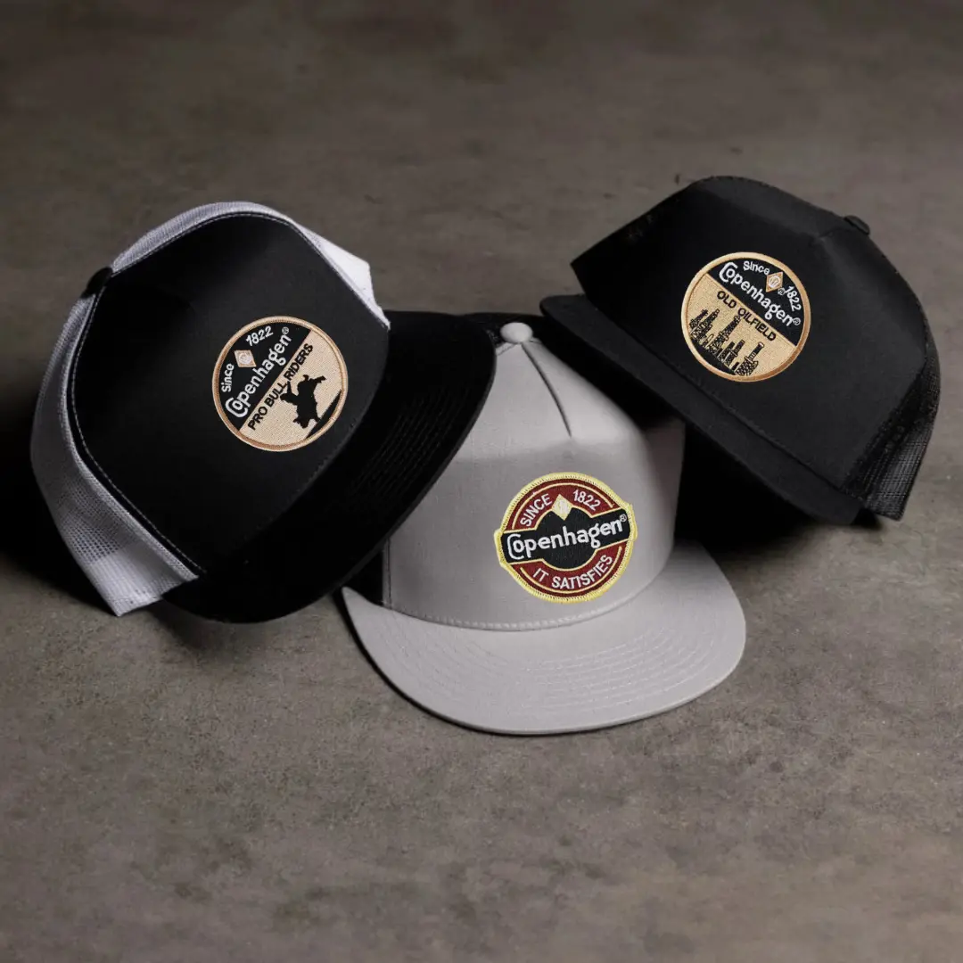 Copenhagen Inspired Snapback Trucker Hat, Vintage Round Logo Patch Cap, Black Grey Mesh Back Flat Bill Hat, Adjustable Unisex Streetwear Trucker Cap, Retro Western Style Gift