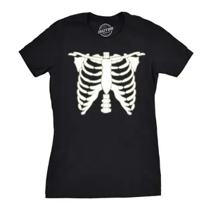 Womens Glowing Skeleton T Shirt Rib Cage Cool Halloween Glow In The Dark Tee Funny Womens T Shirts Cute Vintage Fashion Casual Ladies T-Shirt Gift Halloween Tops for Women Women's Novelty Tees Black