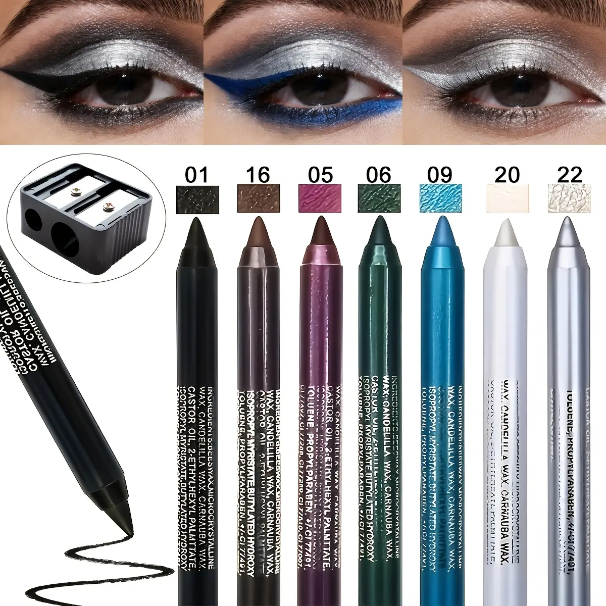 7Pcs Gothic Eyeliner Pencil With Sharpener Set Long Lasting Makeup Smooth Matte Cosmetic Waterproof Smudgeproof colorful Eyeshadow Pens Shine Pearl Smoky Punk Freckle Pen