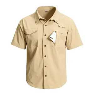 Men’s UV Protection Cooling Short Sleeve Button Down Shirt Breathable Outdoor Hiking Travel Shirt with Multi-Function Pockets Beige Casual