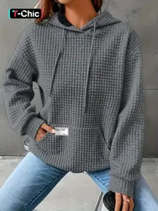 Women's Letter Patched Waffle Textured Drop Shoulder Hoodie, Fashion Casual Long Sleeve Drawstring Pocket Hooded Sweatshirt for Daily Holiday Outdoor Wear, Women Clothing, Womenswear, Tops for Fall & Winter