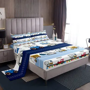 Construction Sheet Set,Equipment Trucks Sheets,Boys Cartoon Car Excavator Tractor Bed Sheets Set,Construction Vehicles Blue White Bedding Set
