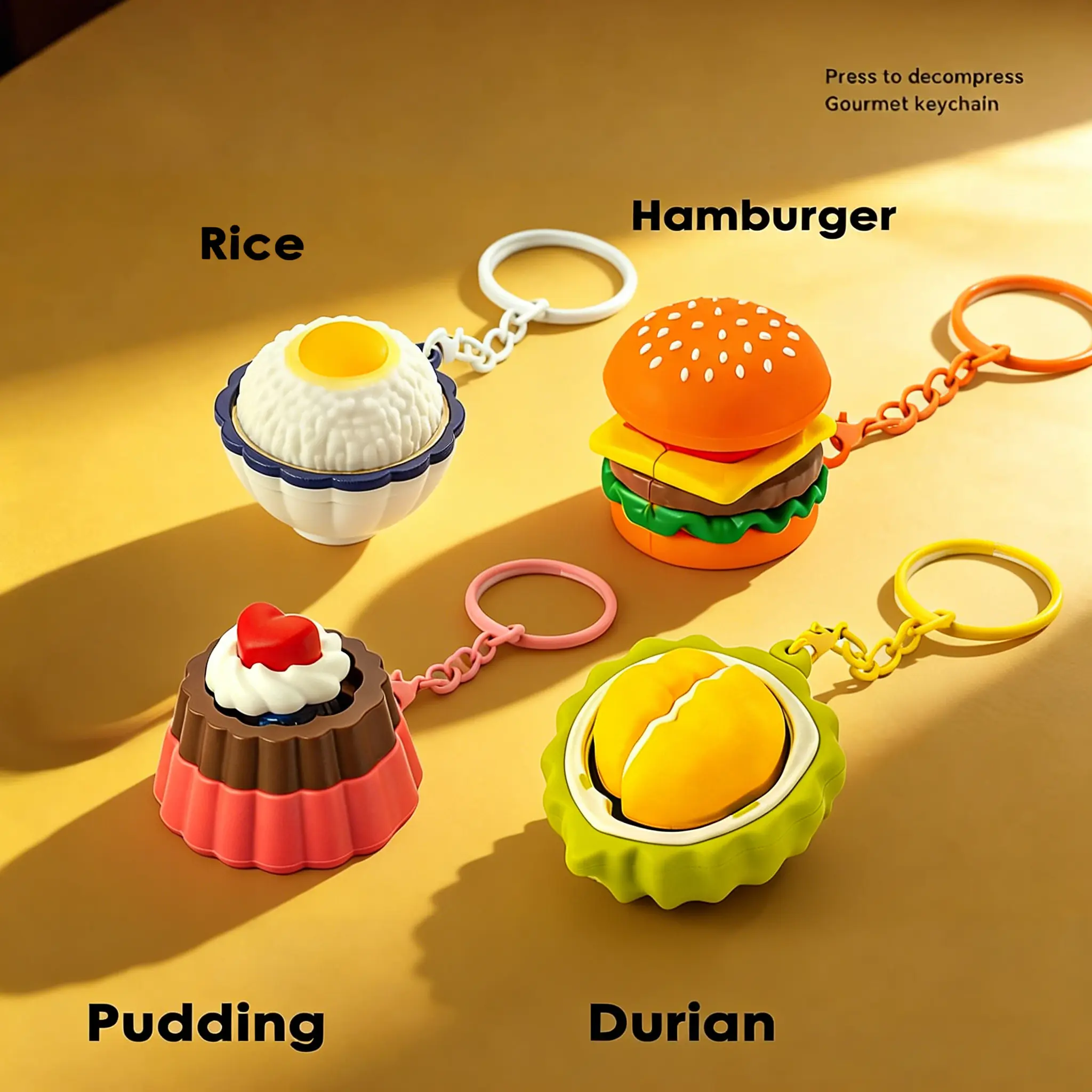 Cute Food-Shaped Soft Silicone Clicker Keychain - Unisex Playful Stress Reliever with Burger, Steamed Bun, Rice Pudding, Durian Designs, Satisfying Click Sound, Ideal for Work & Study, Adorable Party Favor